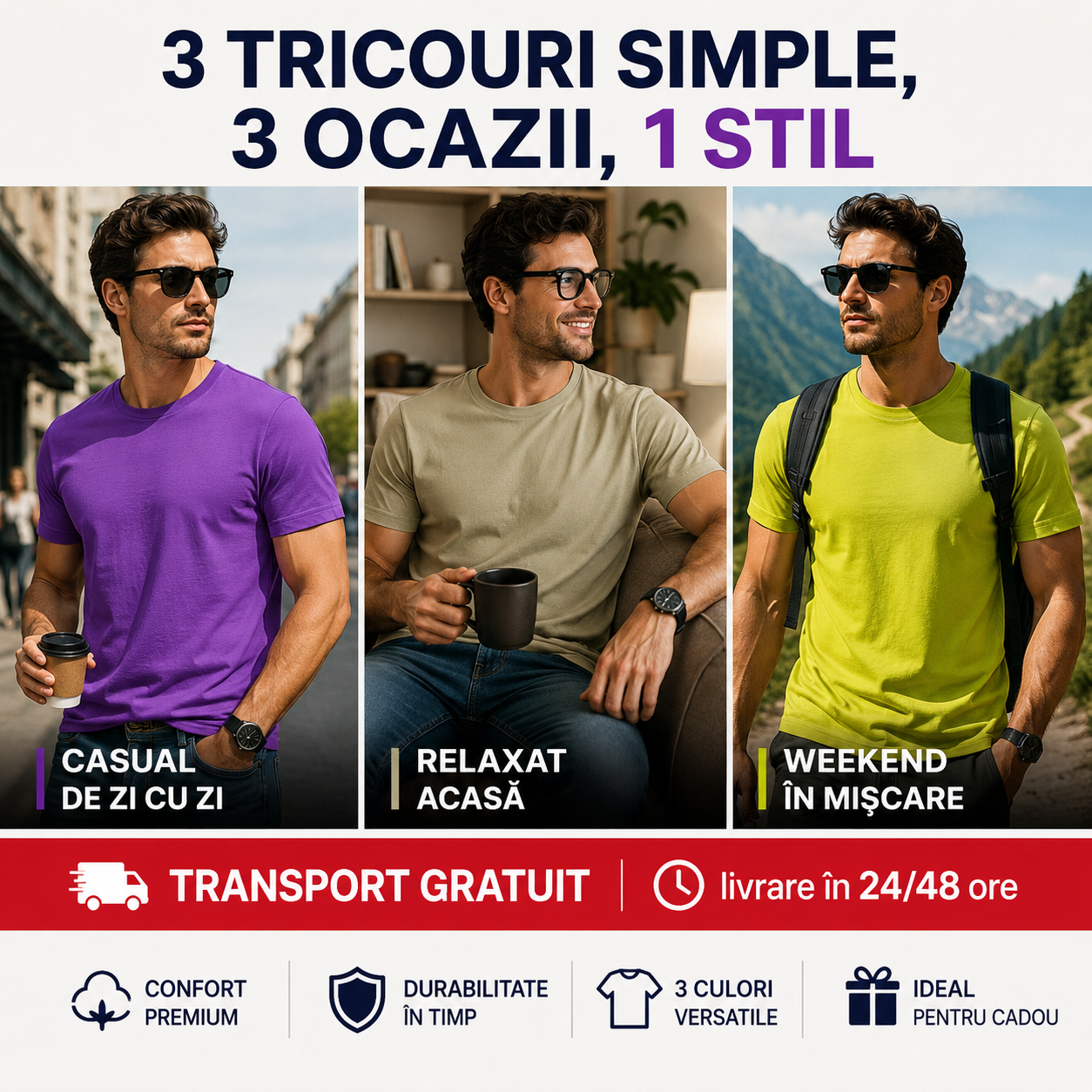 Tricouri bărbați violet khaki deschis și lime din bumbac 100% pentru ținute casual